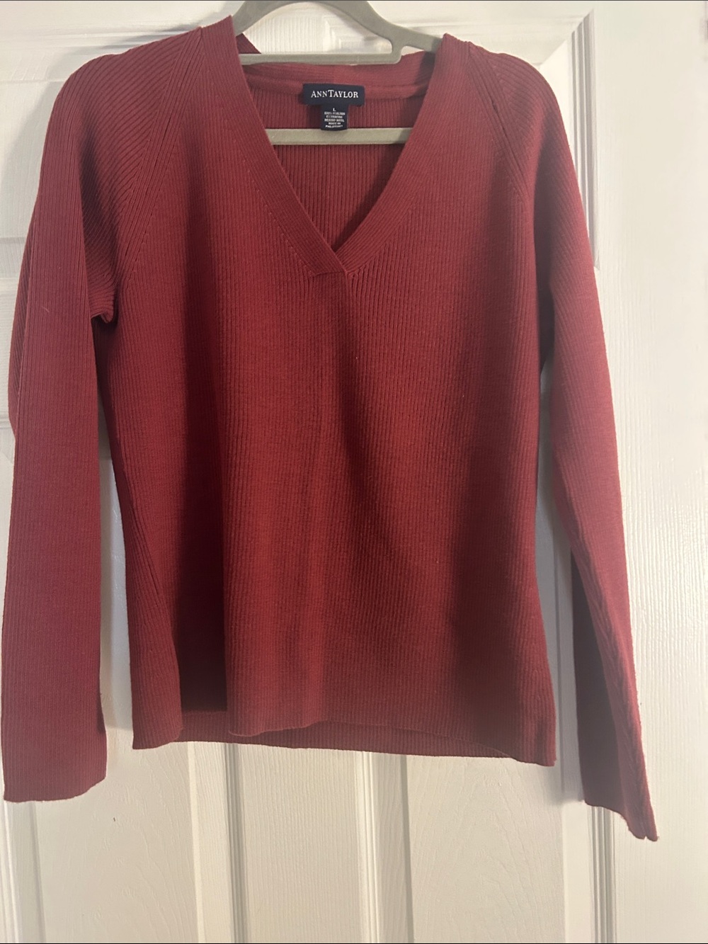Ann Taylor Brick Red Ribbed V-Neck Sweater
